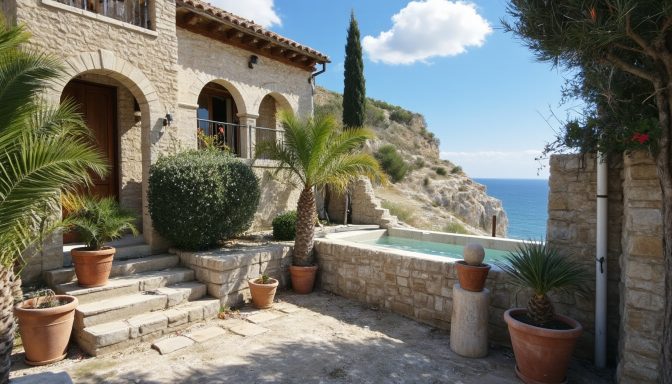 Maison en pierre avec piscine et vue sur la mer, entourée de palmiers et de plantes.