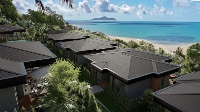 Villas modernes en bord de mer avec vue sur l'océan et la plage.