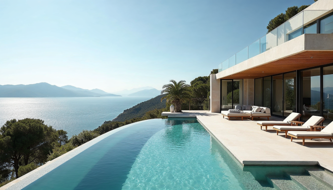 Piscine à débordement avec vue sur la mer et terrasses ensoleillées.