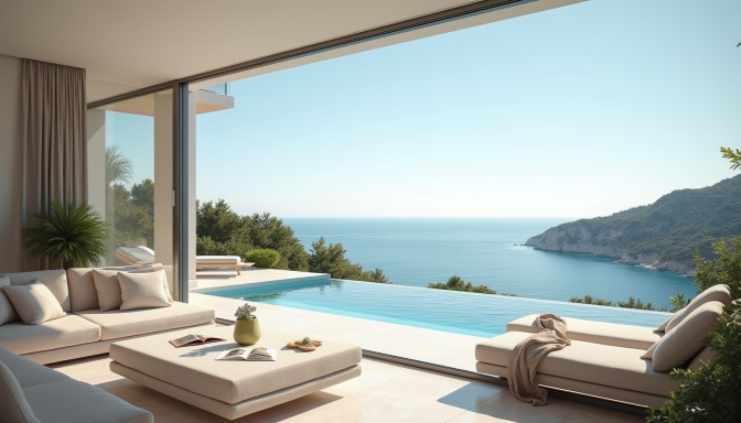 Vue d'une villa moderne avec piscine à débordement et mer en arrière-plan.