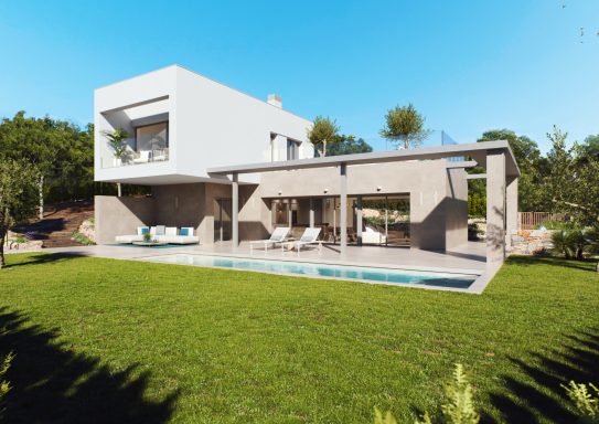 Maison moderne avec piscine, jardin verdoyant et grandes baies vitrées.