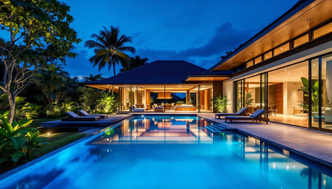 Villa moderne au bord de la piscine, éclairée la nuit, entourée de palmiers.