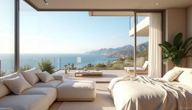 Intérieur moderne avec vue sur la mer et montagnes, canapé et lit confortables.