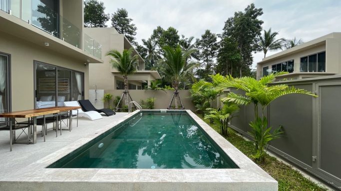 Piscine moderne entourée de végétation et d'une terrasse ensoleillée.