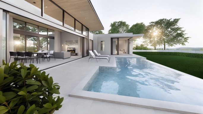 Villa moderne avec piscine, jardin et grandes baies vitrées.
