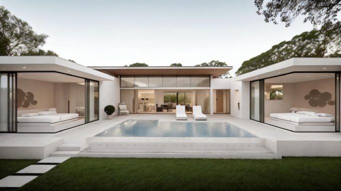 Maison moderne avec piscine, grandes baies vitrées et jardin verdoyant.