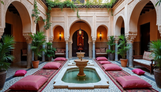 Cour intérieure marocaine avec fontaine, coussins colorés et plantes verdoyantes.
