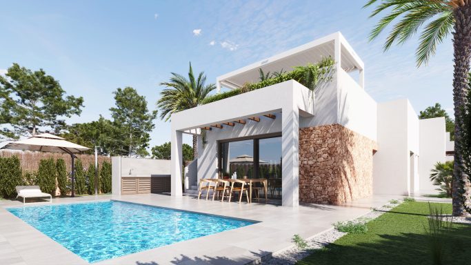 Villa moderne avec piscine, terrasse, et jardin, entourée de palmiers.