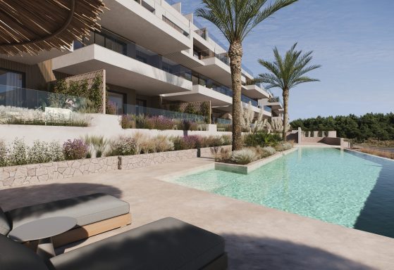 Complexe résidentiel moderne avec piscine et palmiers dans un cadre ensoleillé.