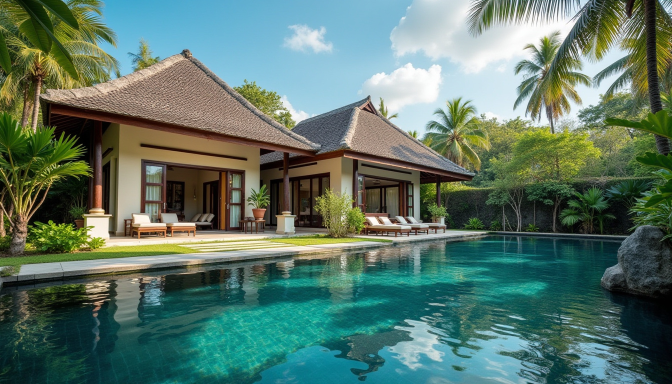 Villa moderne au bord d'une piscine, entourée de plantes tropicales et de palmiers.