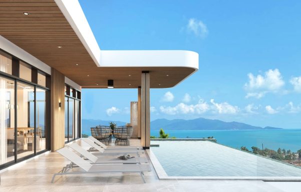 Vue d'une villa moderne avec piscine à débordement et mer en arrière-plan.