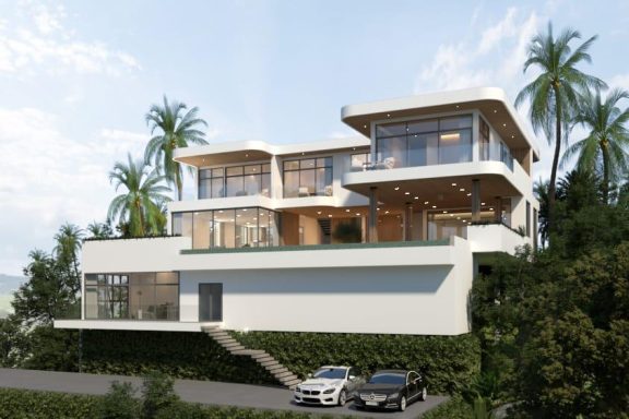 Maison moderne avec grandes fenêtres, terrasse et palmier, située sur une colline.