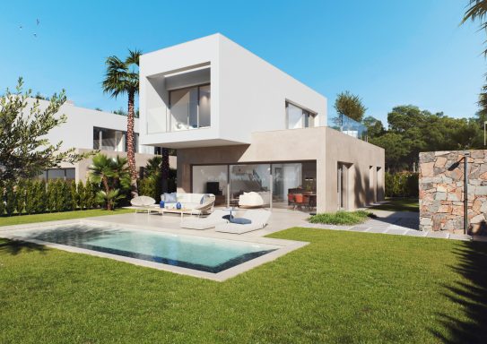 Maison moderne avec piscine, jardin verdoyant et architecture épurée.