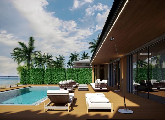 Vue d'une terrasse moderne avec piscine, chaises longues et palmiers.