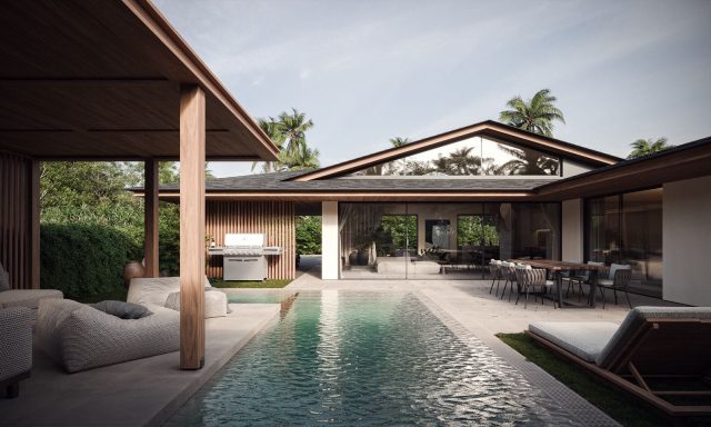Maison moderne avec piscine, terrasse, et jardin verdoyant. Ambiance spacieuse et lumineuse.