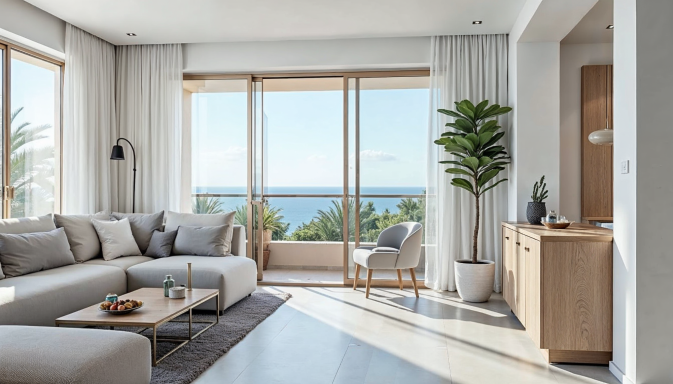 Intérieur moderne et lumineux avec vue sur la mer, canapé et plantes décoratives.
